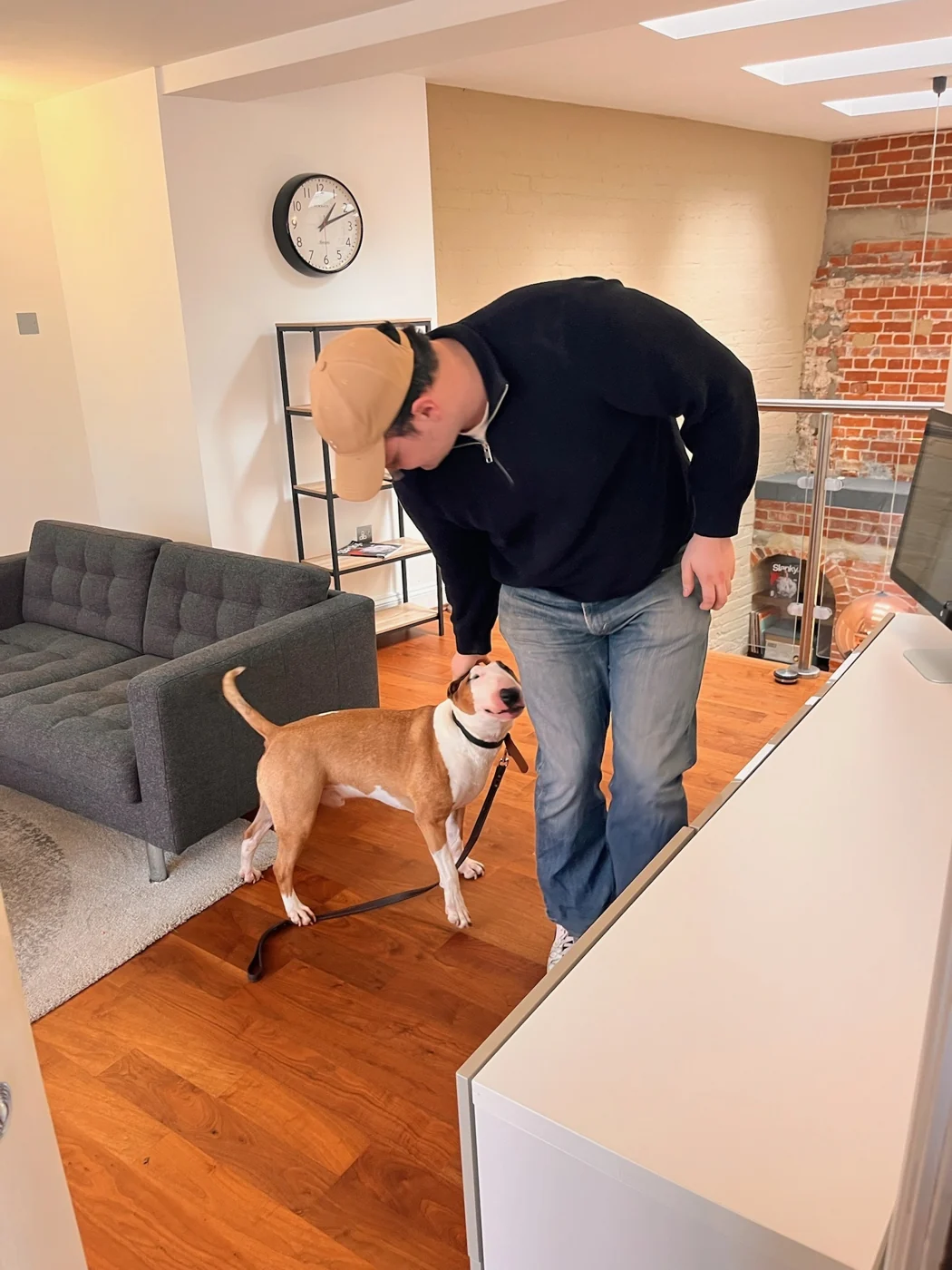 Alex greeting a dog in the office