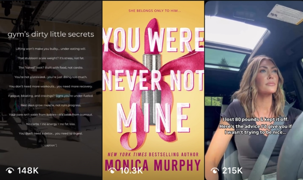 Creator content examples featuring fitness, books and lifestyle posts
